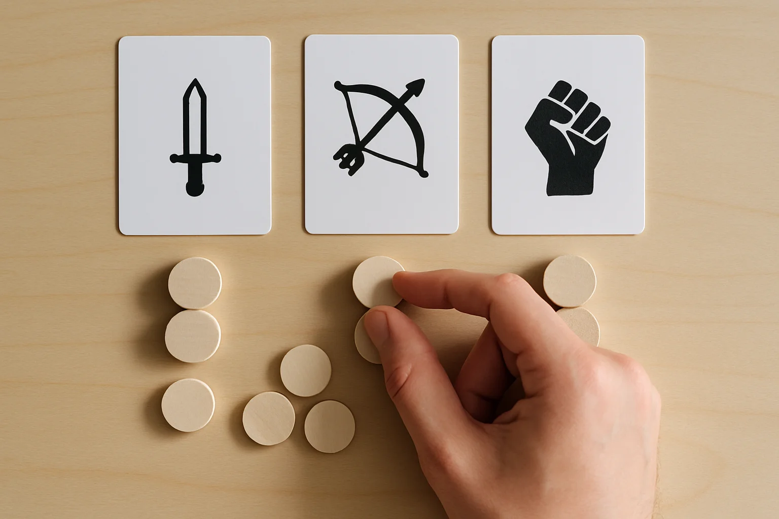 Vue de dessus d’une table avec des cartes neutres et quelques jetons regroupés pour identifier un style de jeu dominant, tandis qu’une main place un jeton dans une catégorie choisie.