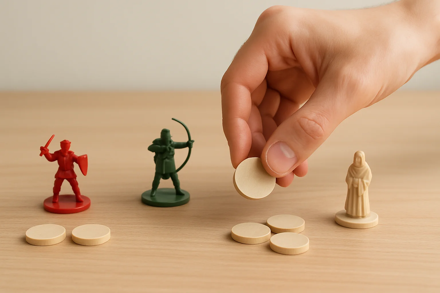 Scène rapprochée sur une table montrant trois options de positionnement de jeu, avec des jetons répartis entre contact, distance et hybride, pendant qu’une main déplace un marqueur vers un choix.