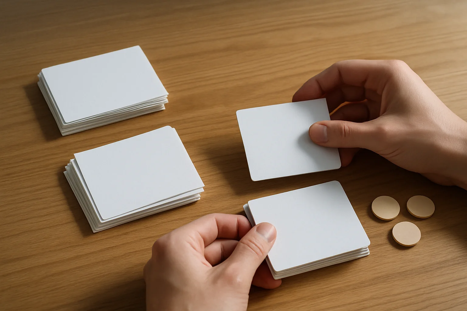 Photo réaliste d’un tri simple avec des cartes neutres séparées en piles de sélection et d’exclusion, tandis que des mains réduisent les options avant un choix final.