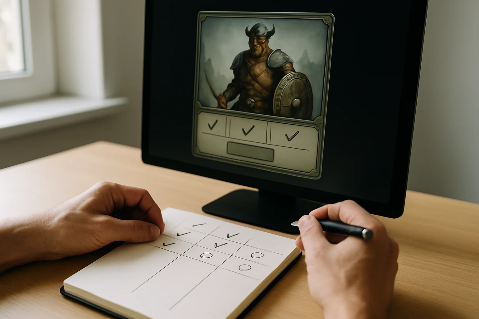 Des mains évaluent une classe de jeu sur un écran d’ordinateur, avec un carnet divisé en trois colonnes et un stylo sur un bureau éclairé par la lumière du jour.