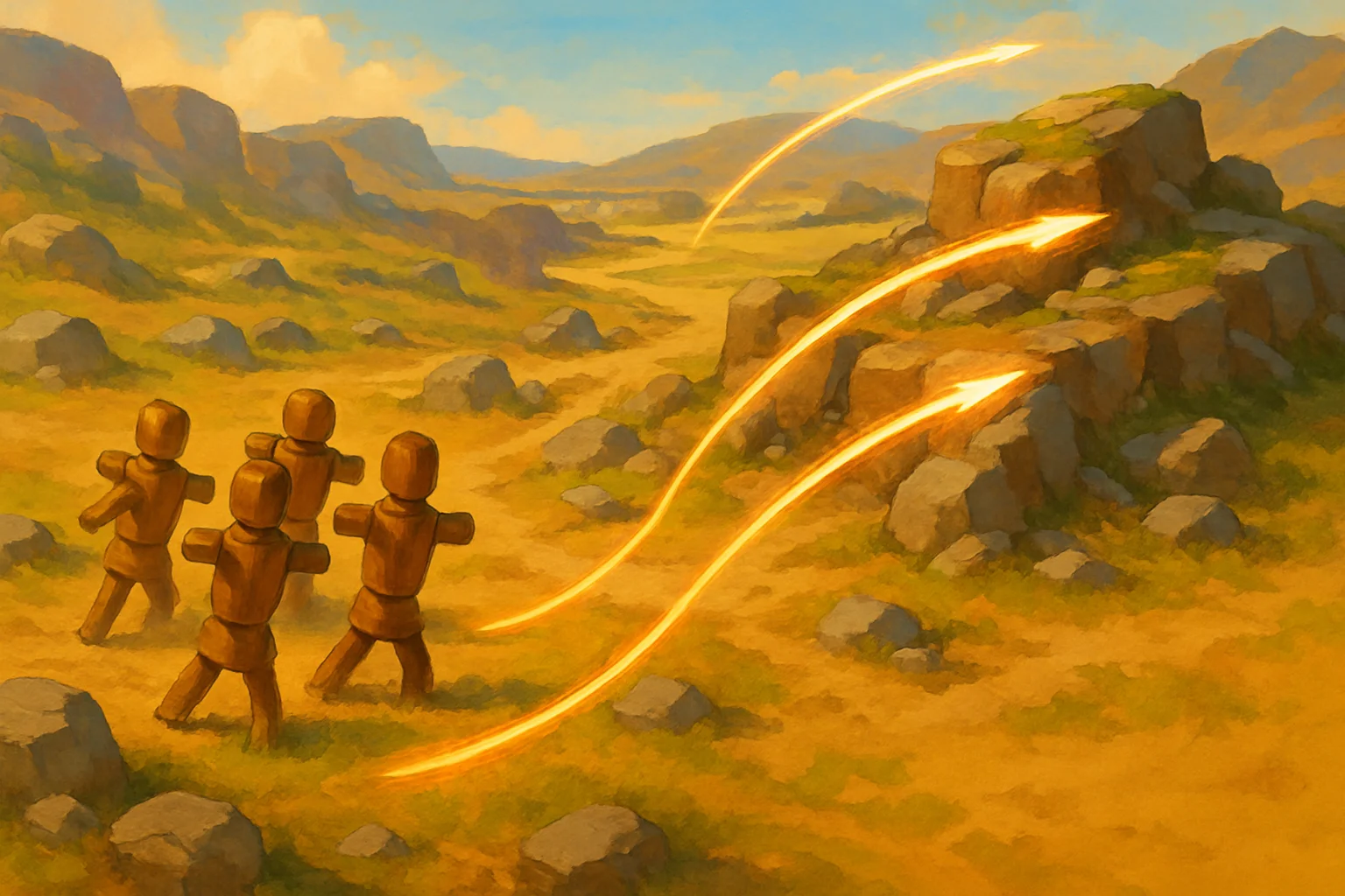 Illustration d’un champ de bataille où plusieurs mannequins d’entraînement sont proches d’une position surélevée, avec des trajectoires lumineuses vers l’arrière pour montrer le repli et le repositionnement.