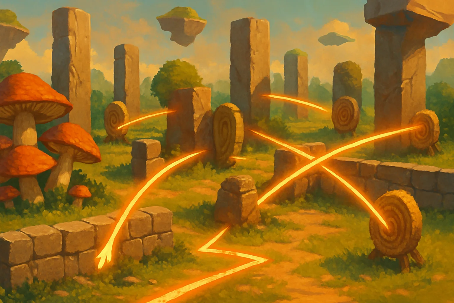Scène montrant un terrain avec piliers de pierre, champignons géants, murets et rochers flottants, où des cibles sont cachées ou visibles selon les lignes de vue offertes par les obstacles.