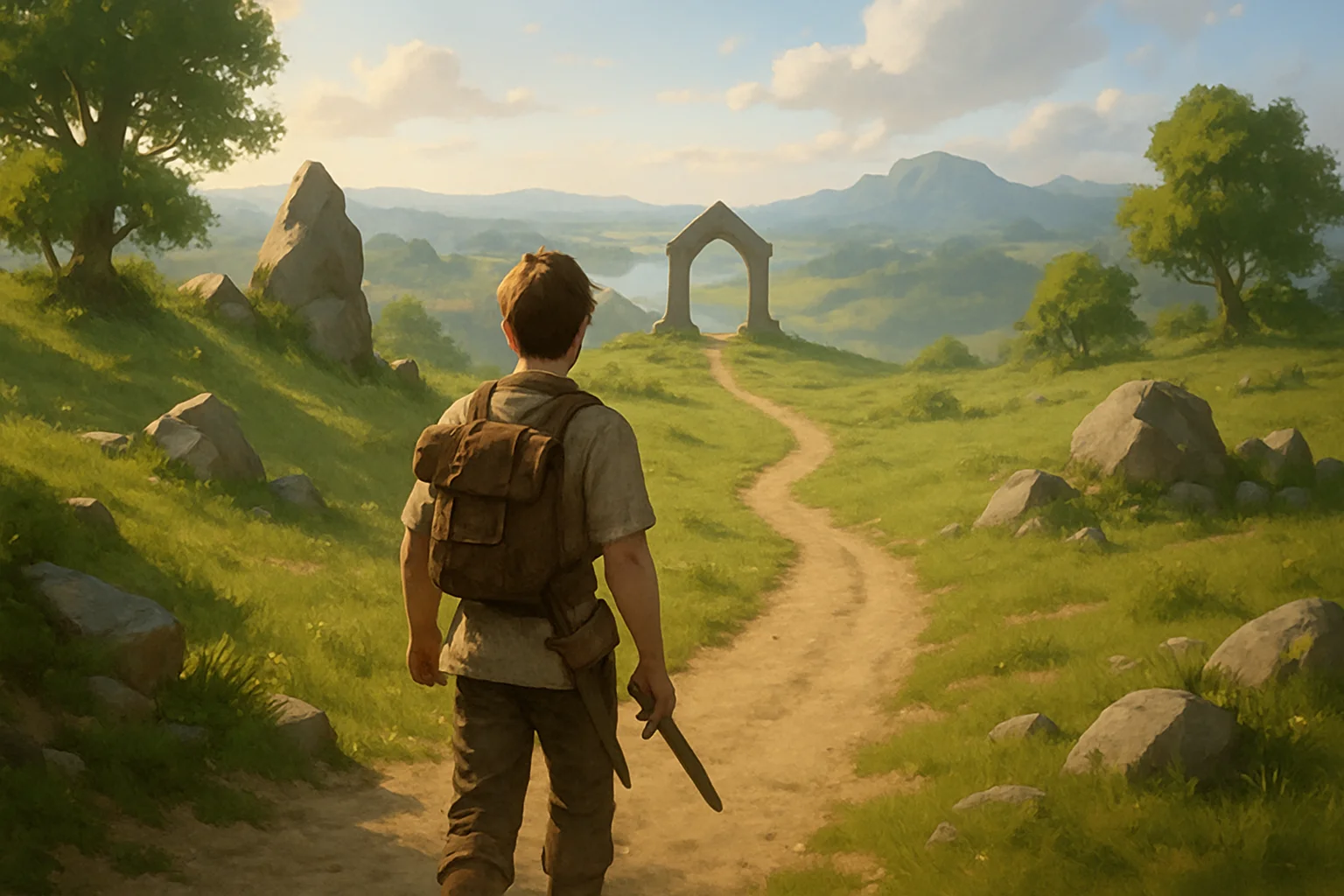 Un personnage vu de dos quitte la zone de départ d’Incarnam par un chemin simple, en lumière naturelle, pour partir vers la suite de l’aventure.