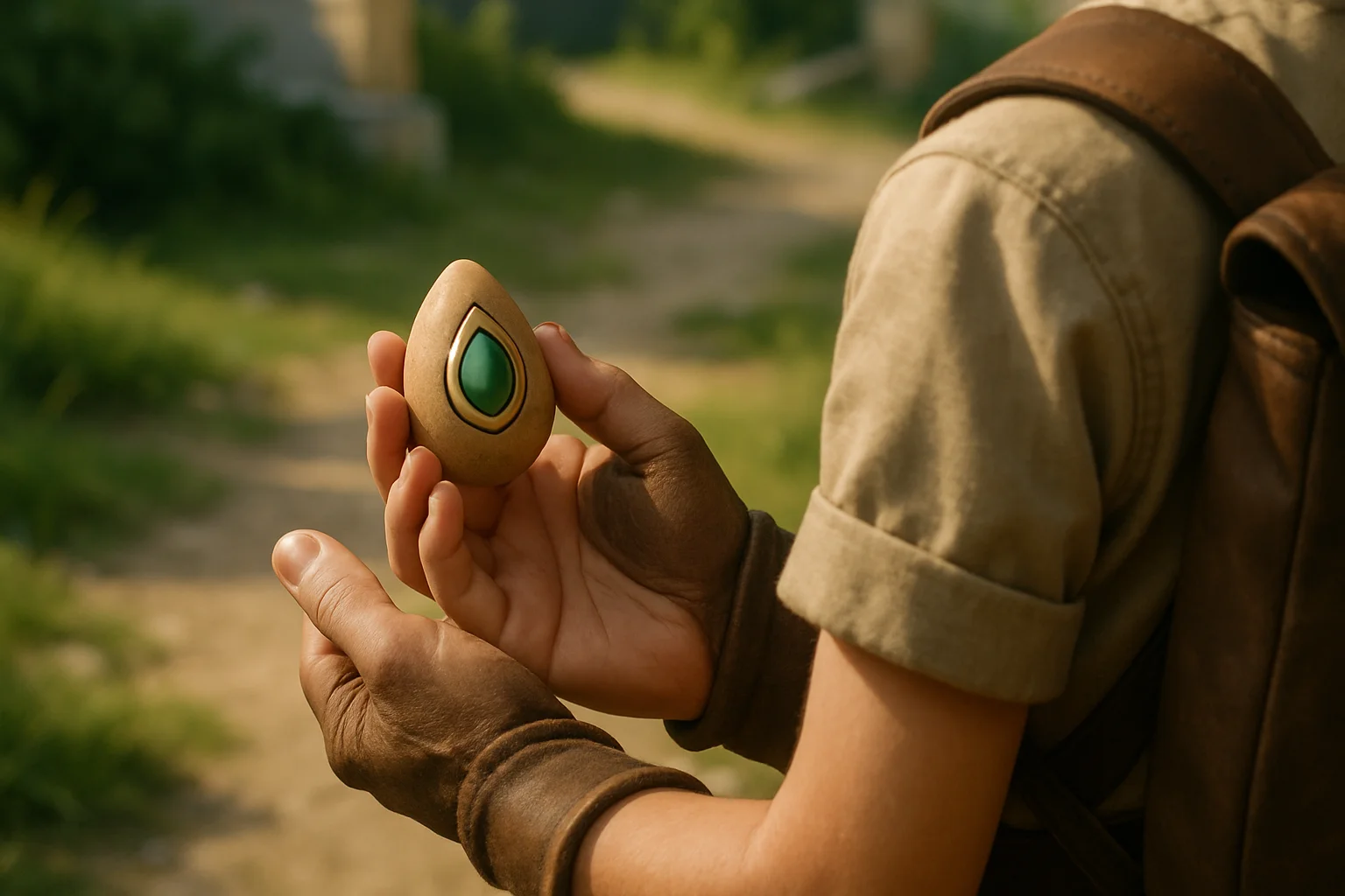 Un aventurier débutant tient un petit talisman en forme d’œuf obtenu en quête, dans un décor simple proche d’Astrub, sans visage visible.