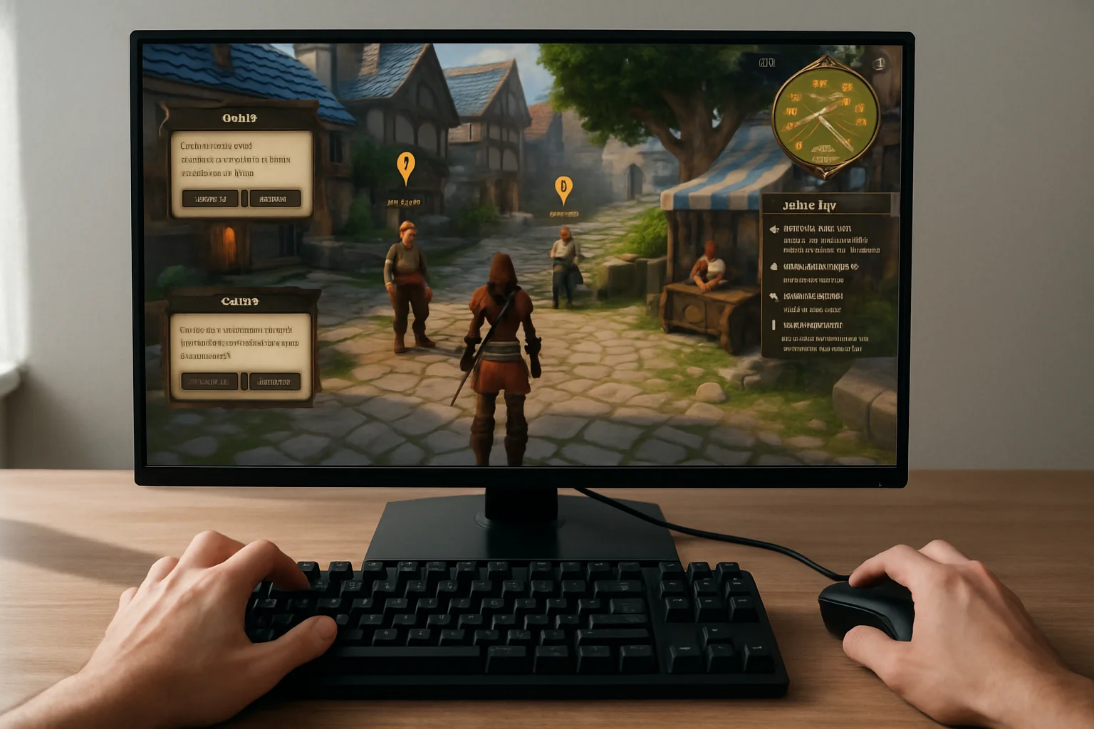 Un écran de jeu montre une ville de départ avec plusieurs quêtes enchaînées et un itinéraire visible via l’interface, pendant qu’un joueur utilise clavier et souris.