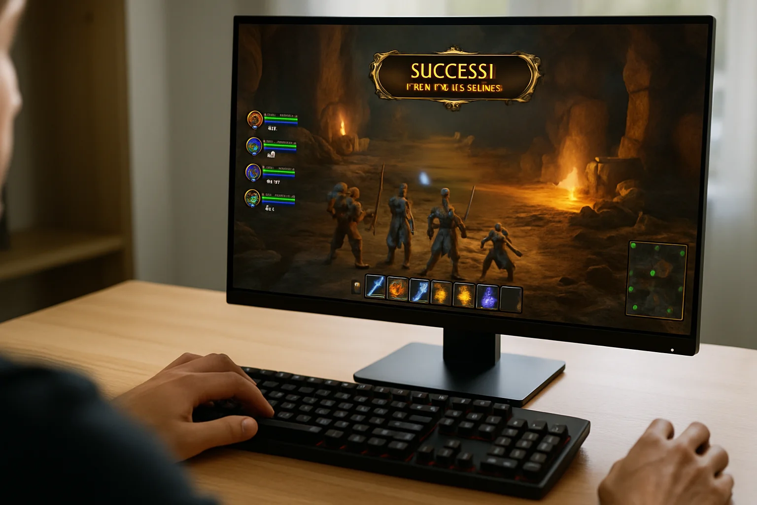 Un joueur lance un premier donjon sur un jeu en ligne, avec l’écran montrant un combat en groupe de bas niveau et la validation d’un succès après le combat.