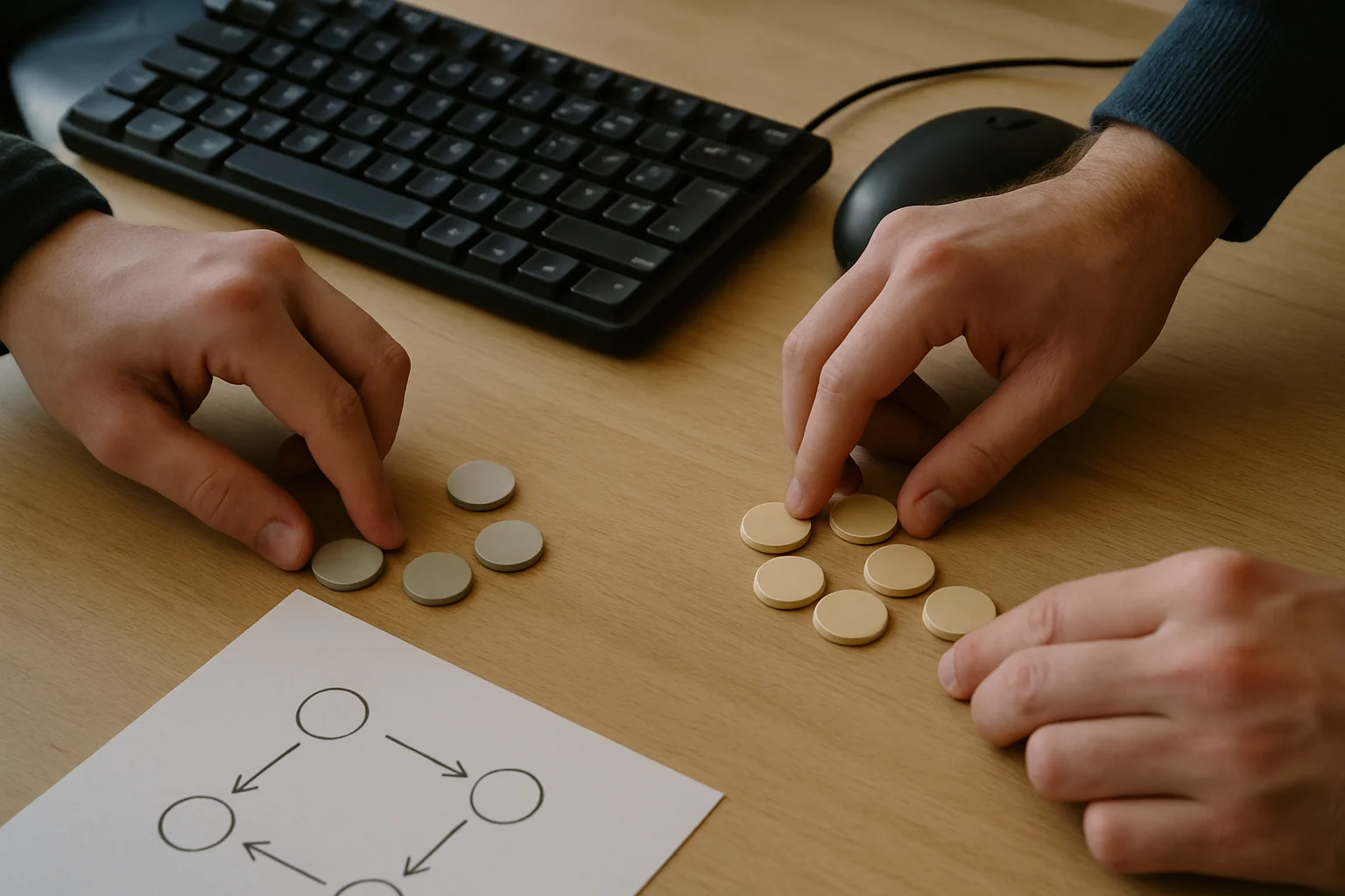 Deux paires de mains répartissent des jetons en deux groupes sur un bureau, à côté d’un clavier, d’une souris et d’une feuille avec des schémas simples, pour illustrer la répartition des rôles entre deux personnages.