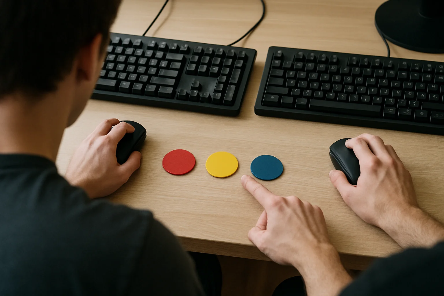 Deux joueurs anonymes utilisent leurs souris côte à côte, tandis qu’une main montre une petite séquence de repères colorés posés près des claviers, pour représenter une routine de combat simple et efficace.