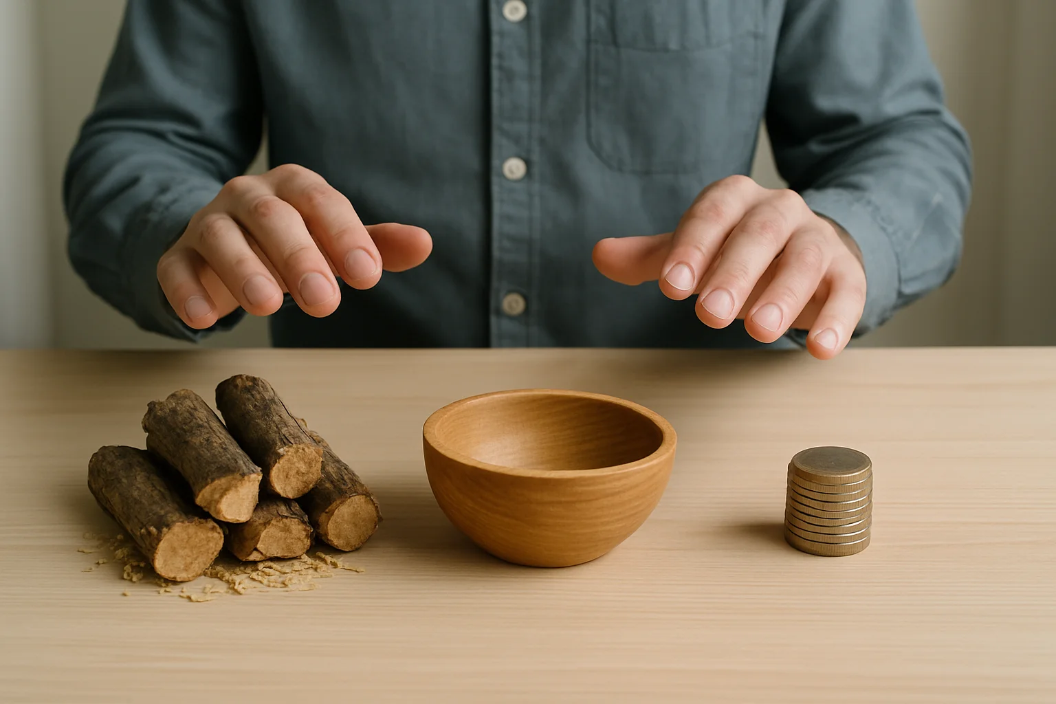 Une nature morte montre trois options distinctes à comparer : des ressources brutes, un objet fabriqué à partir de celles-ci et un petit tas de pièces, tandis que des mains hésitent entre les choix.