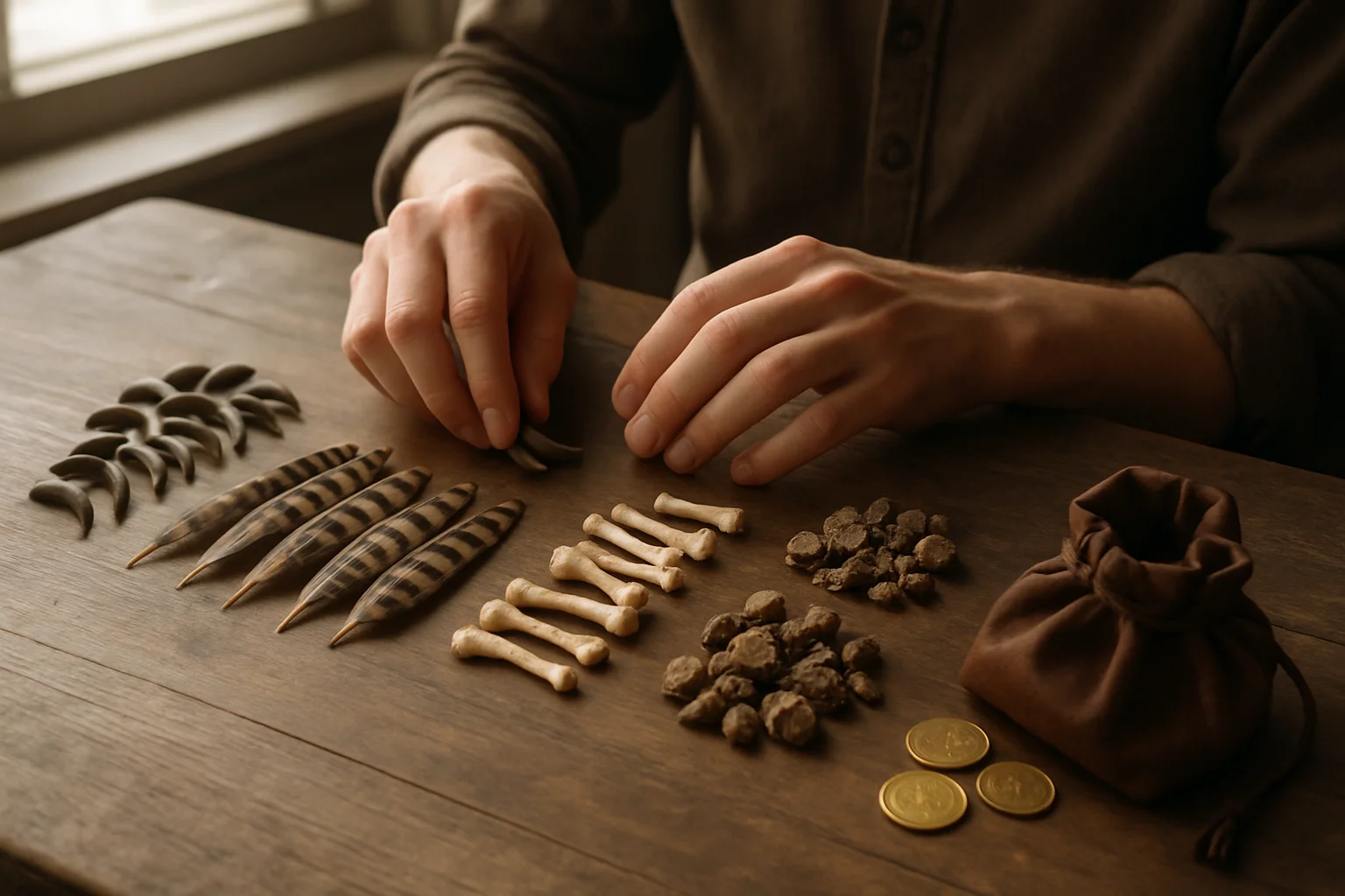 Des mains non reconnaissables trient des butins banals de monstres, comme griffes, plumes et os, en plusieurs tas distincts à conserver ou revendre, avec une petite bourse de pièces à côté.