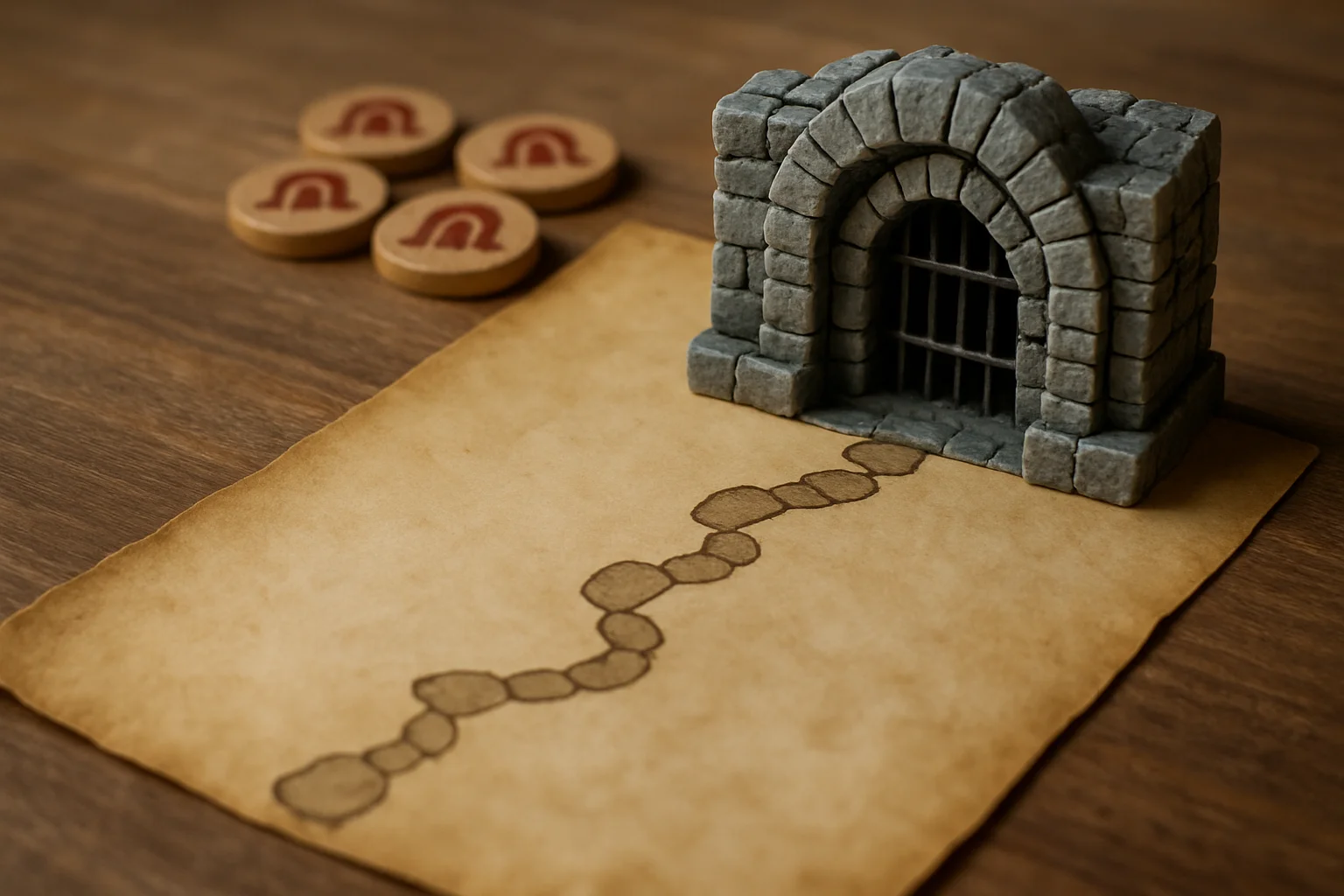 Un parcours sur parchemin menant à une petite entrée de donjon en pierre, avec plusieurs marqueurs déjà franchis pour symboliser l’approche du niveau 100.