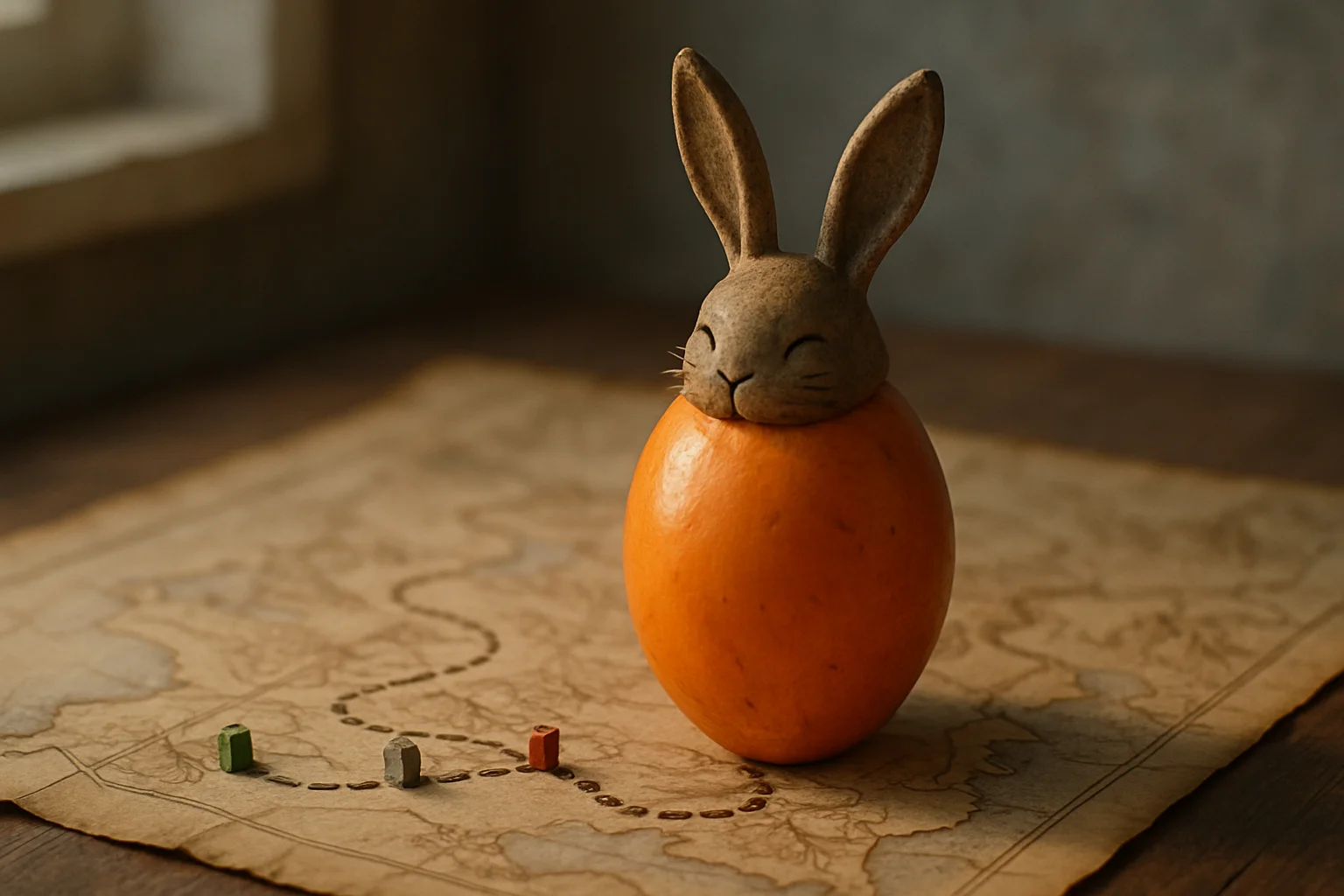 Un œuf relique au thème lapin posé sur une carte en parchemin avec quelques marqueurs de progression, éclairé par une lumière naturelle.
