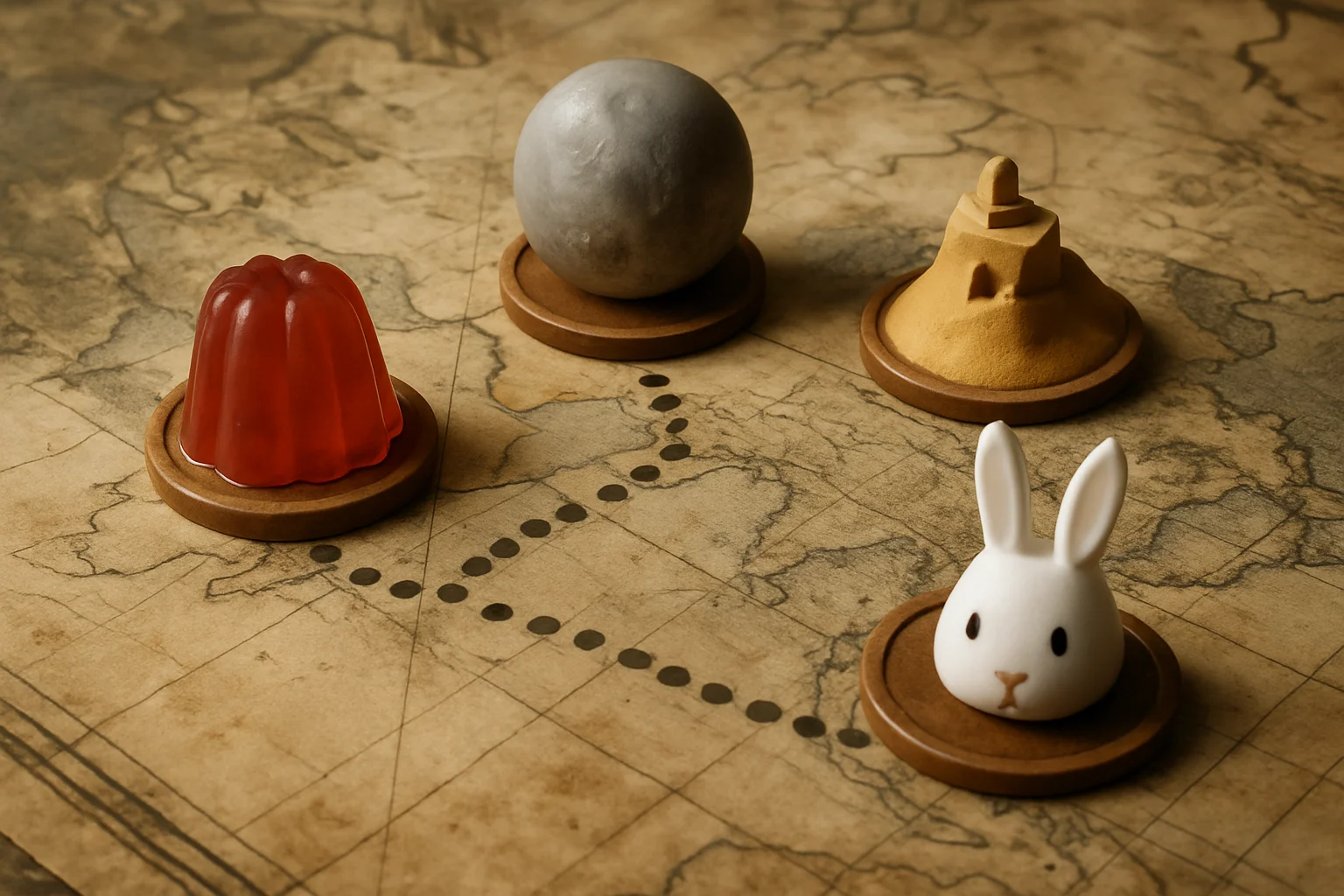 Une carte en parchemin vue de dessus avec quatre marqueurs de destination et un marqueur au thème lapin pour représenter les objectifs entre les niveaux 80 et 90.