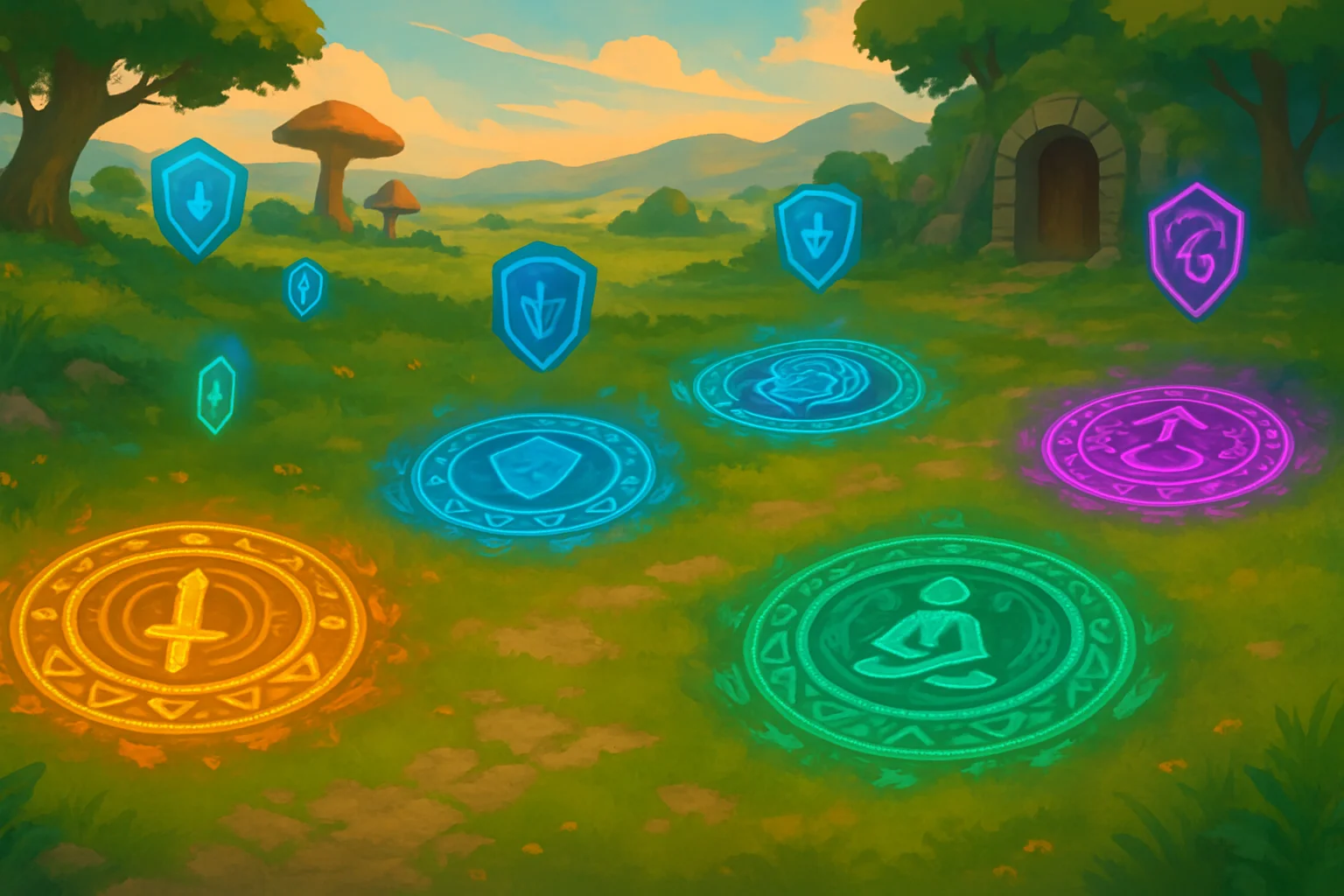 Plusieurs zones magiques lumineuses aux motifs différents sont disposées sur une clairière herbeuse, avec quelques sigils défensifs flottants, dans un paysage fantastique de plaines vertes, champignons géants clairsemés et entrée de donjon en pierre au loin.