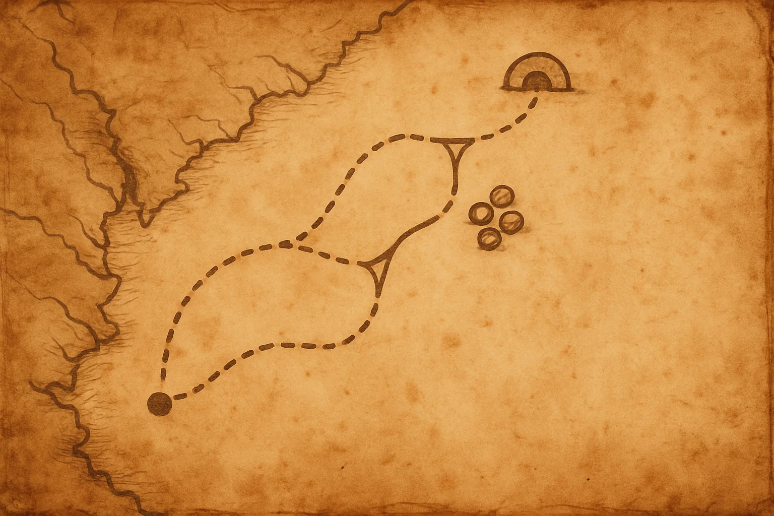 Carte en parchemin vue de dessus montrant un point de départ, plusieurs chemins, un passage étroit, une zone abritée et quelques jetons de ressources regroupés le long d’un itinéraire choisi.