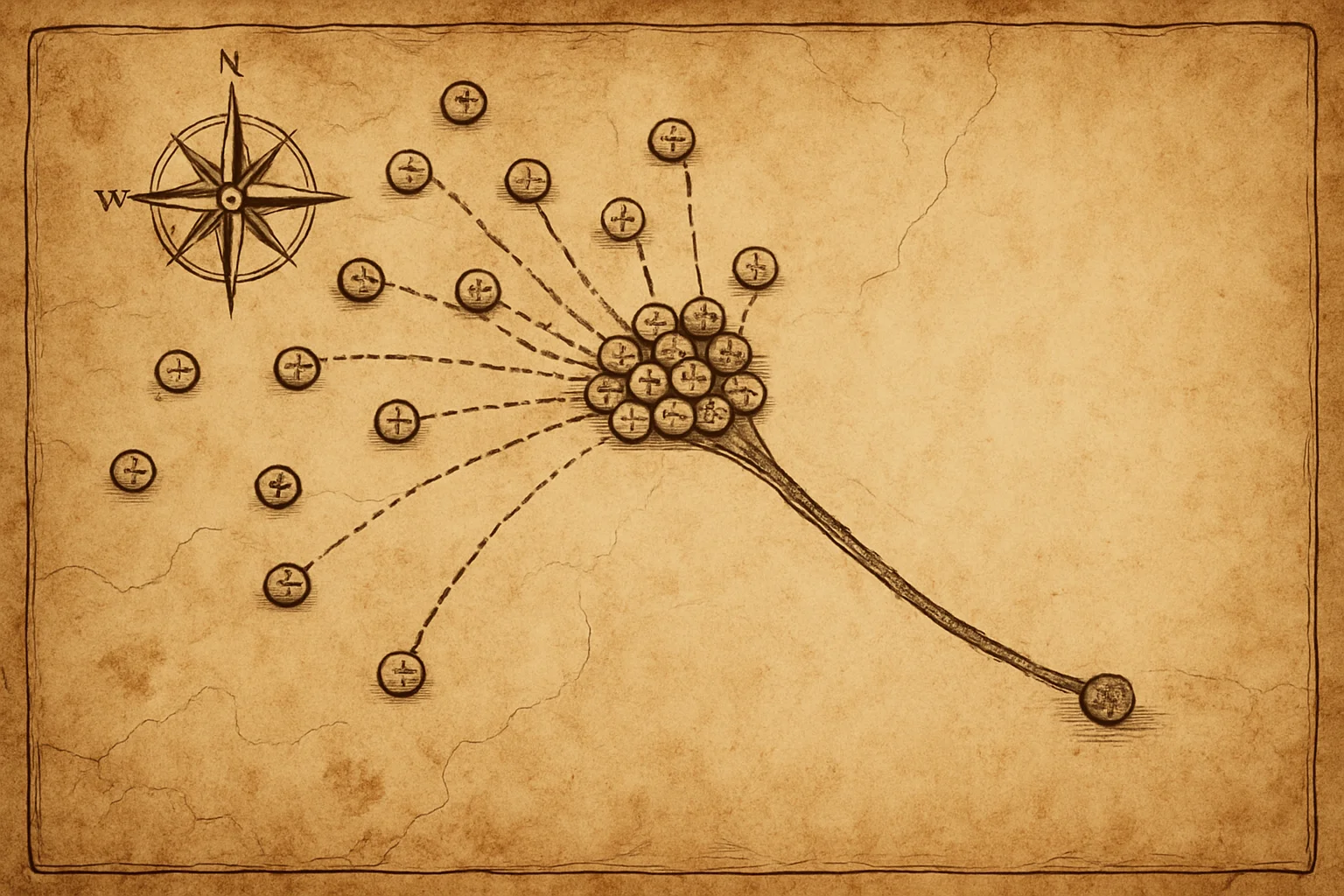 Carte ancienne vue de dessus où des jetons de ressources d’abord dispersés sont rassemblés en un groupe compact, avec plusieurs chemins rejoignant une seule direction.