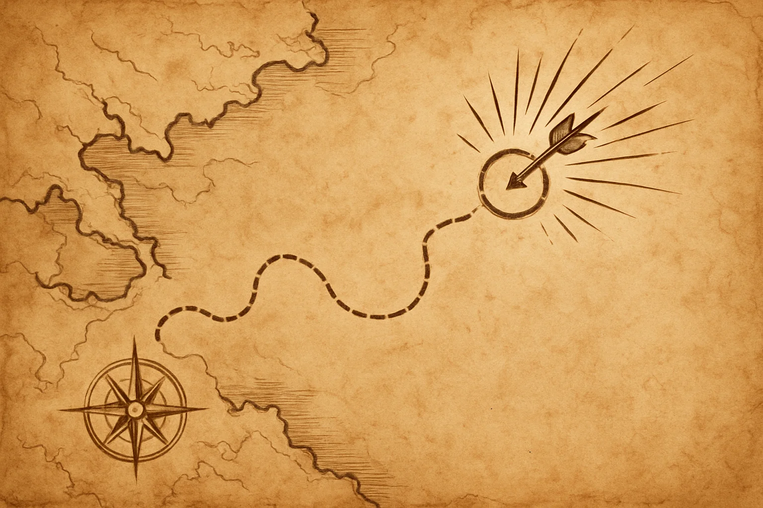 Illustration de carte en parchemin montrant un objectif isolé au bout d’un chemin, frappé par un faisceau de lignes convergentes venant d’un seul côté.
