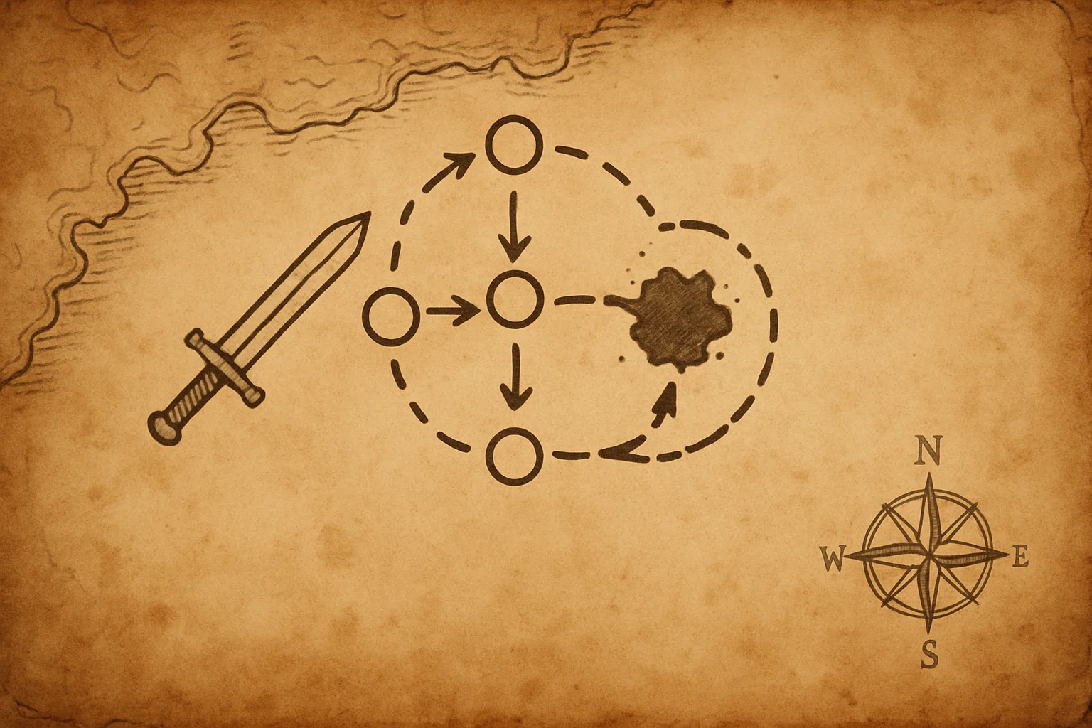 Illustration sur parchemin d’un combat solo difficile avec une épée, des marqueurs de position, des flèches prudentes et un petit chemin de repli autour d’une zone de danger.