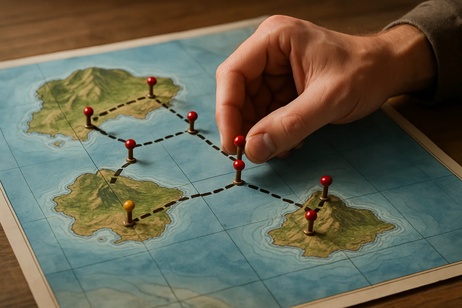 Une main place un marqueur sur une carte montrant trois zones d’aventure reliées par un itinéraire de progression continu.