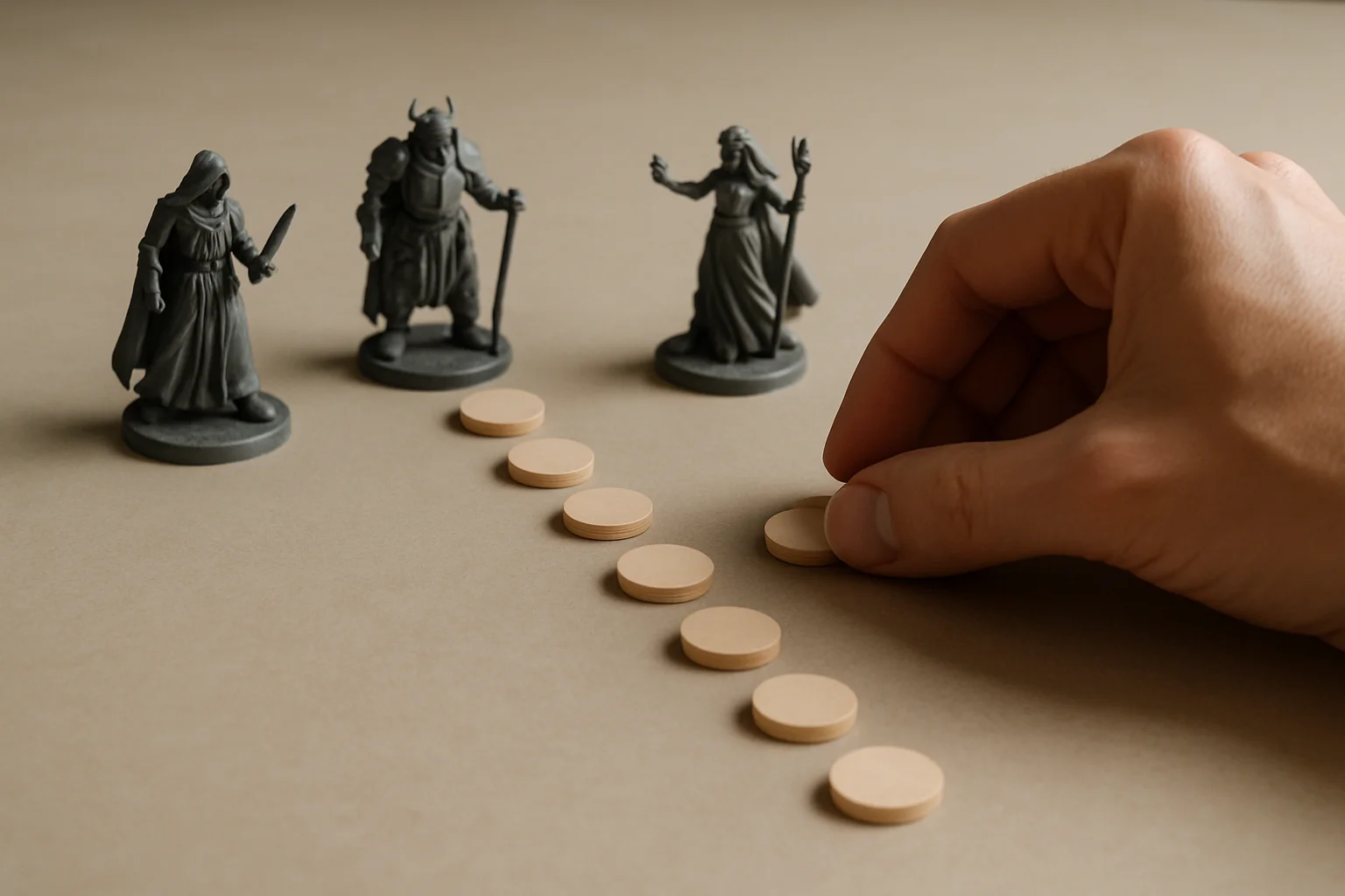 Une main place un dernier jeton sur une table où plusieurs figurines fantasy sont espacées, formant un chemin simple vers une figurine finale choisie.
