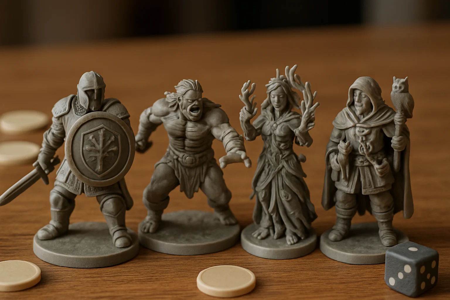 Quatre figurines fantasy différentes posées sur une table en bois, représentant un gardien au bouclier, un combattant offensif, un lanceur de sorts lié aux plantes et un maître des créatures, avec quelques jetons et dés neutres autour.