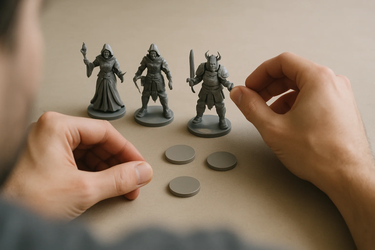 Des mains vues de dessus déplacent plusieurs figurines fantasy sur une table, avec une figurine avancée pour symboliser un choix adapté à un joueur débutant en solo.