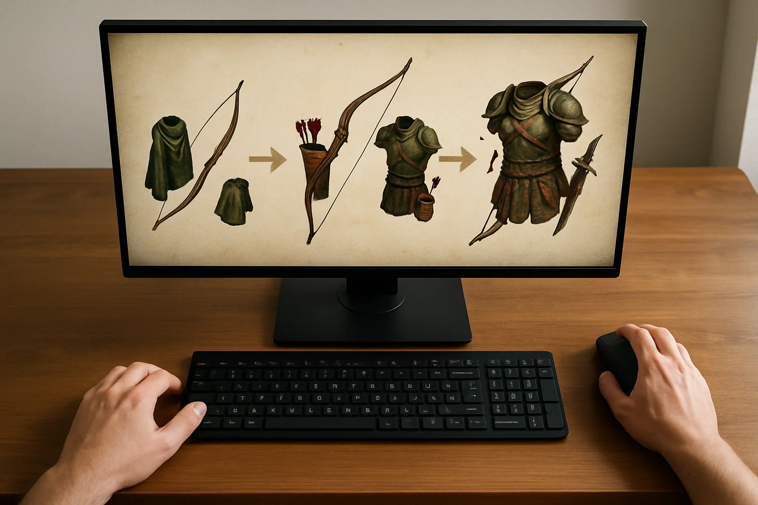 Vue de dessus d’un bureau avec un écran affichant une progression d’équipement pour un personnage archer, pendant qu’une personne planifie sa stratégie avec la souris et le clavier.