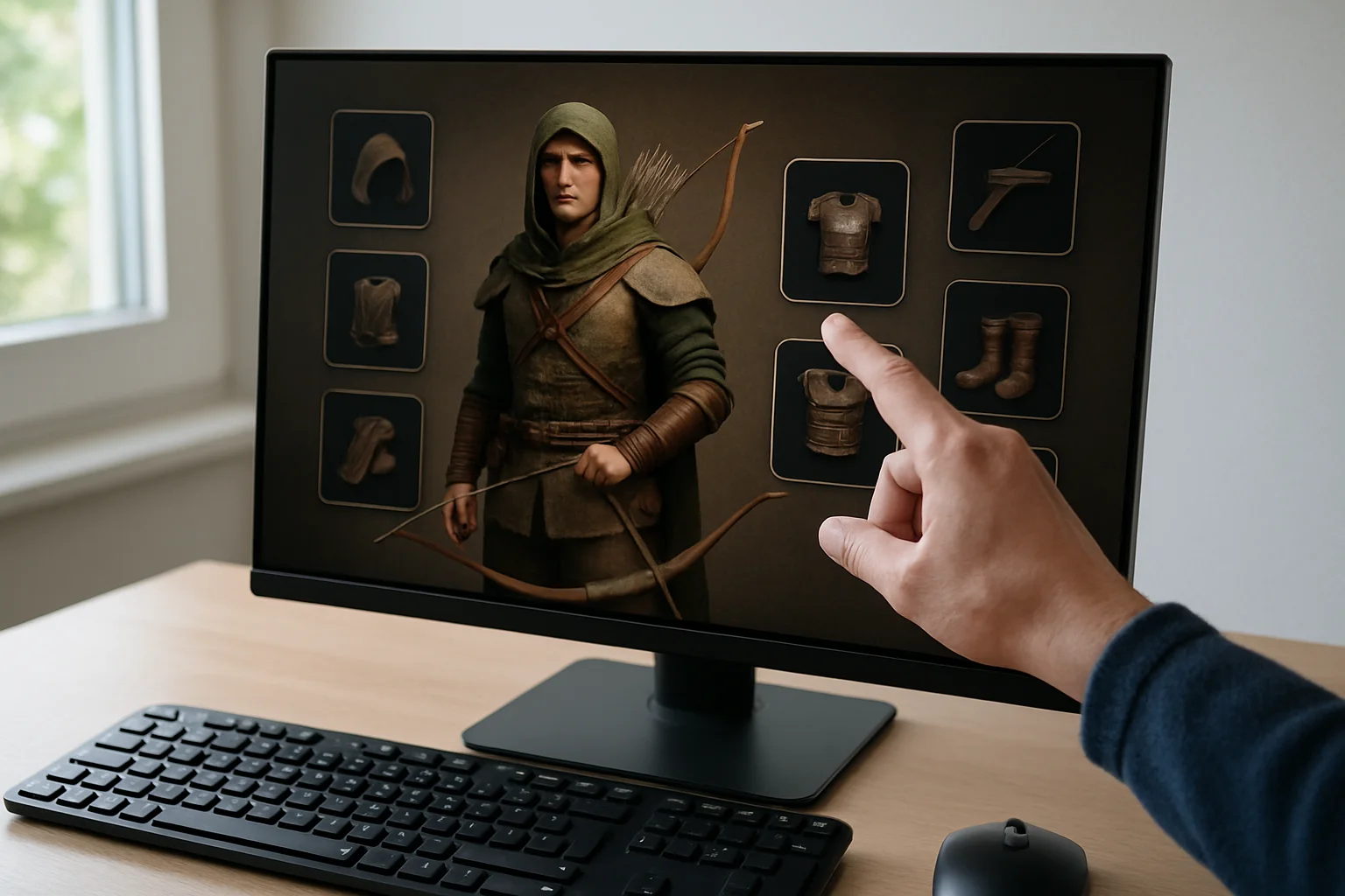 Un écran d’ordinateur affiche l’équipement d’un personnage archer dans un jeu, avec une main qui désigne un premier ensemble d’objets considéré comme un palier d’investissement.