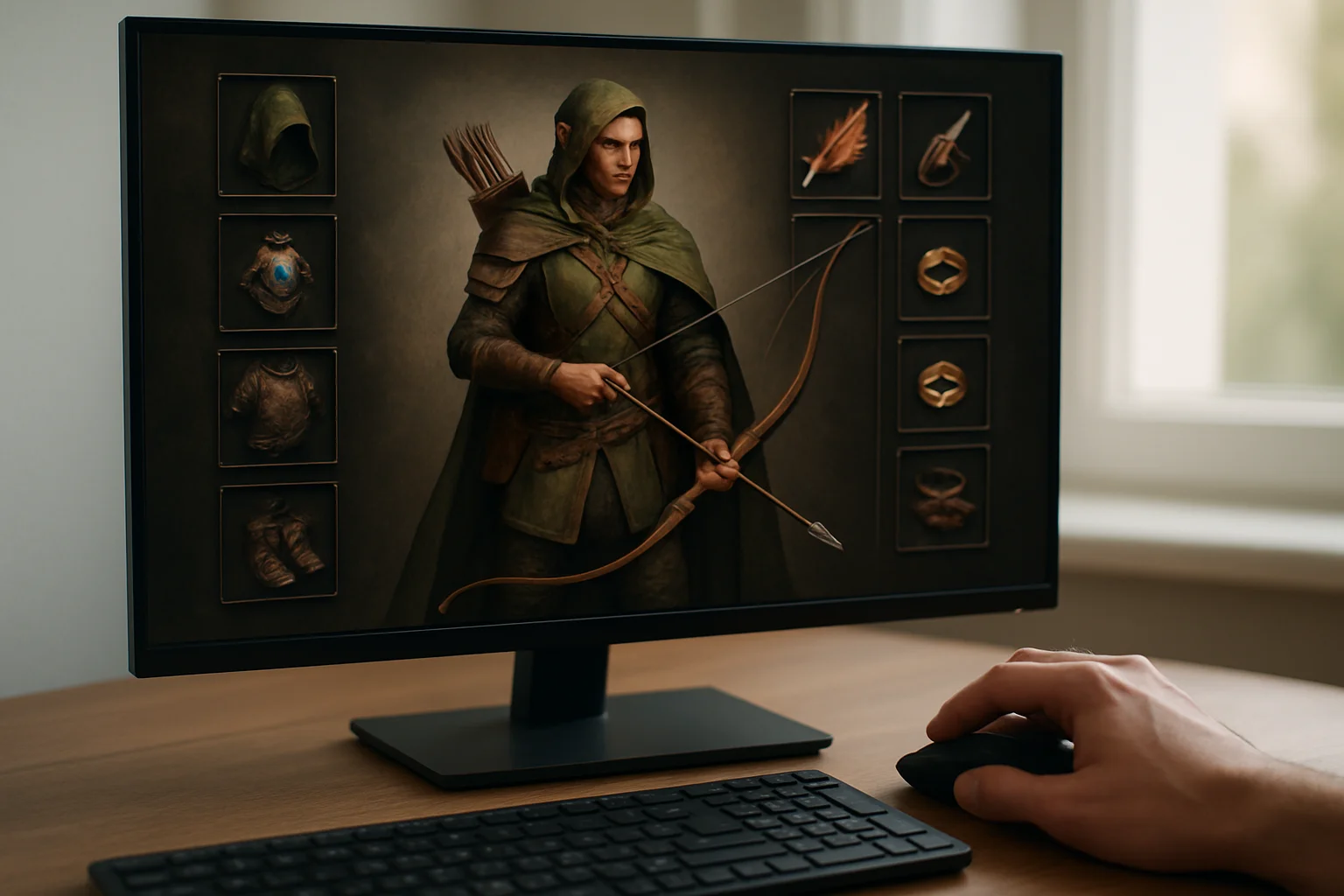 Un écran montre un build avancé mais encore accessible d’un personnage archer, avec plusieurs emplacements d’équipement remplis et une main sur la souris pour comparer le palier.